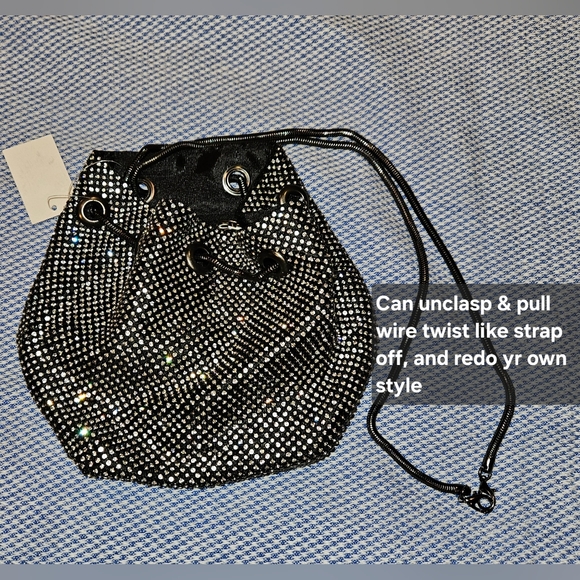 Black & Silver Mini Bucket Bag Crossbody Cinch w/Diamond Encrusted Detail - Picture 2 of 7